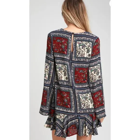 Lulu's Cream and Plum Multi Print Long Sleeve Shift Mini Dress, Sz S - NWT - Picture 6 of 13